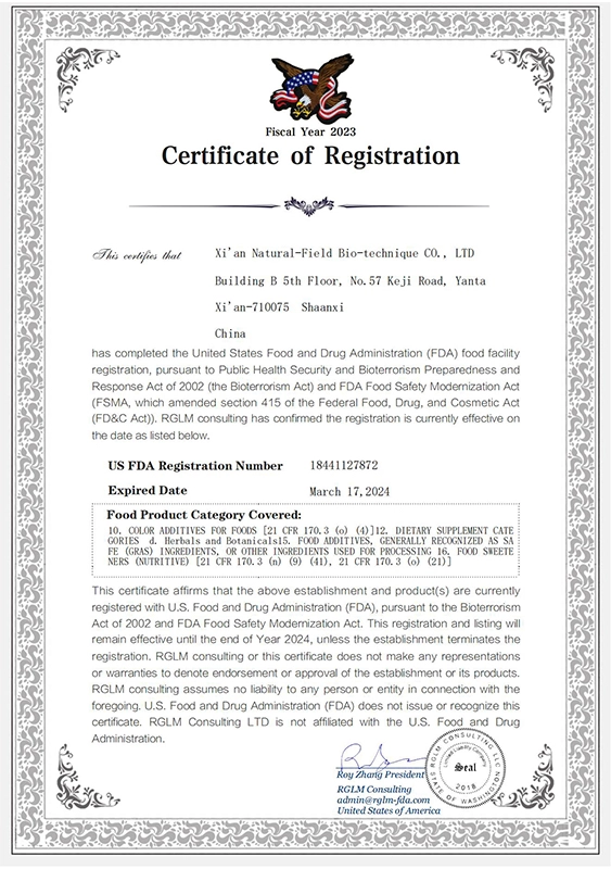 fda certificate of registration 2023 natural field